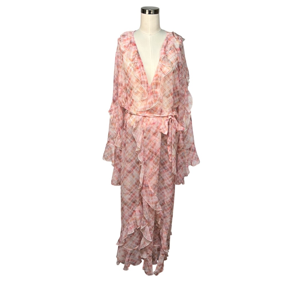 Victoria's Secret Pink Plaid Cascading Ruffle Robe M/L Sheer Chiffon Belted‎ NWT